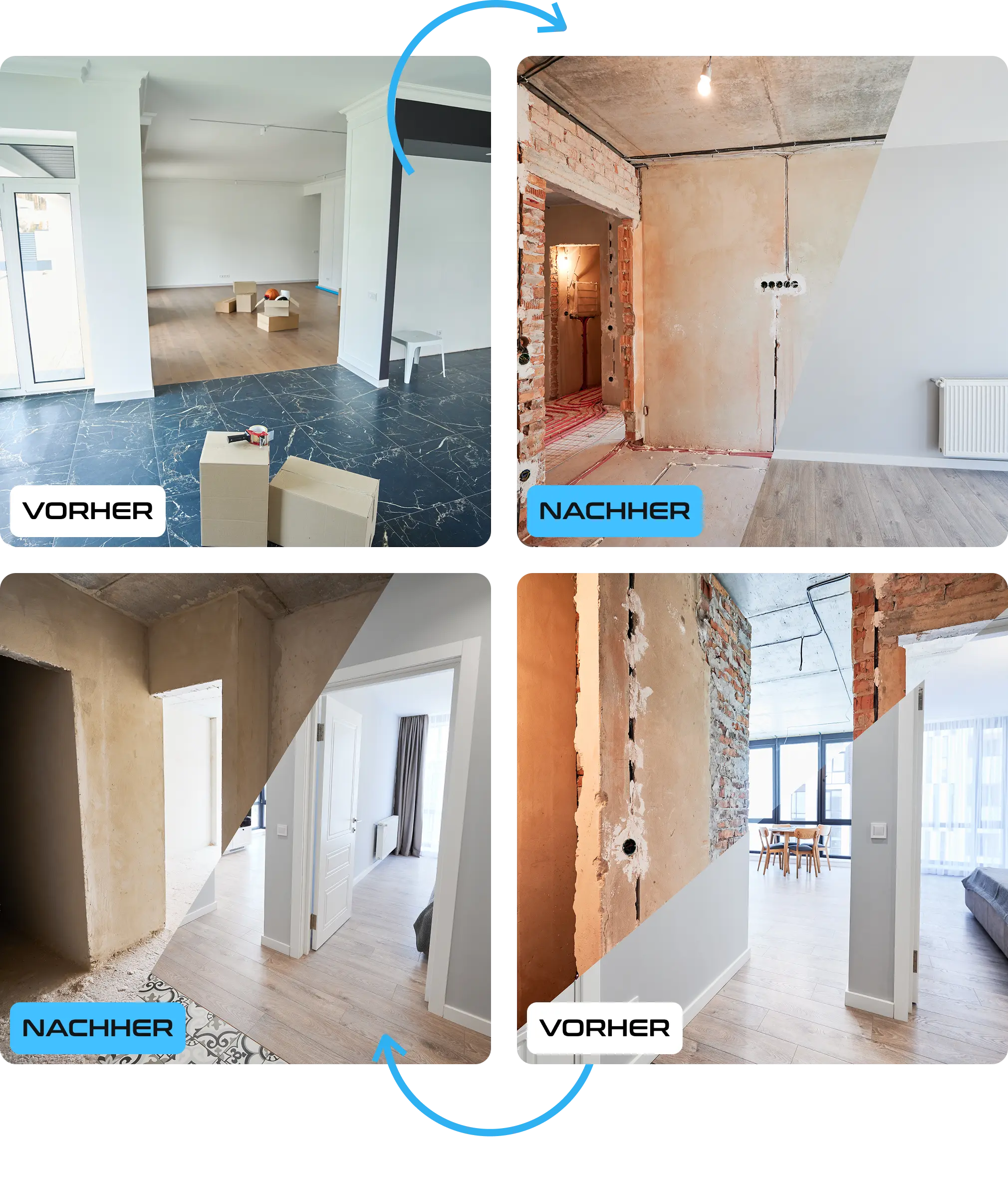 Komposition von Vorher-Nachher-Aufnahmen einer Renovierung: freigelegte Wände, Spachtelarbeiten und neu verlegter Laminatboden