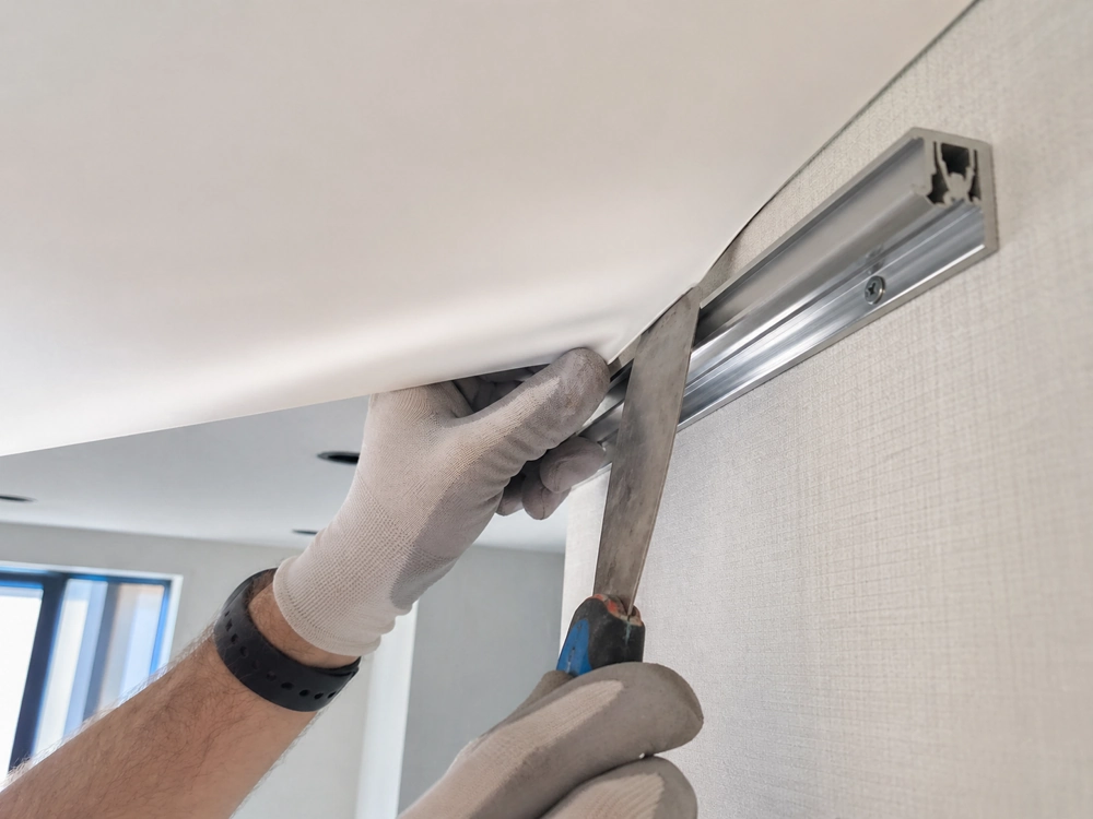 Handwerker mit Spachtel montiert weiße Spanndecke in Aluminiumprofil an Decke