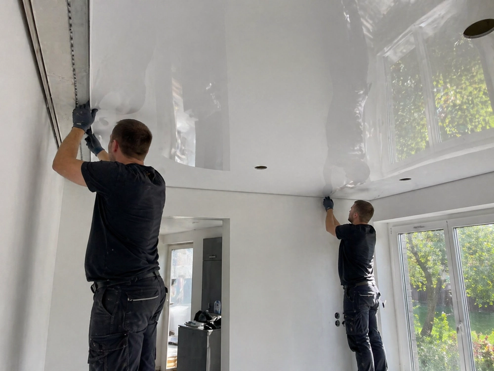 Montage einer weißen Spanndecke durch zwei Fachleute