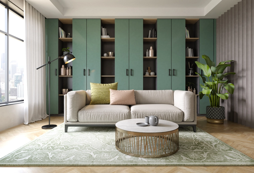 Wohnzimmer mit beigem Sofa, grünem Einbauschrank, rundem Couchtisch, Teppich, Stehlampe und Zimmerpflanze – Raumgestaltung