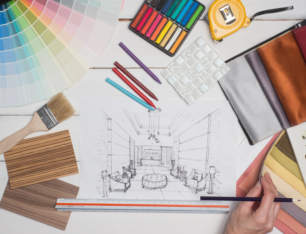 Arbeitsfläche mit Farbfächer, Holz- und Stoffmustern, Pastellkreiden, Zollstock und Architekturzeichnung für Innenarchitektur