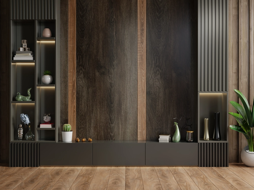 Moderner Wohnbereich mit holzverkleideter Wand, integrierten Regalen, LED-Lichtakzenten und Parkettboden – Raumgestaltung